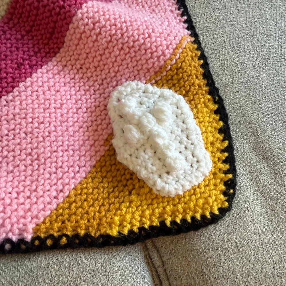 Handmade Knit Rainbow Stripe‎ Baby Nursery Blanket with Cross Boho Kidcore 36x36